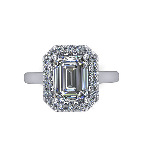 Reese emerald-cut halo engagement ring in 14K White Gold, top-down view showing the emerald-cut center diamond and pave halo from above