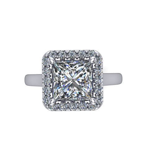 Reese princess-cut halo engagement ring in Platinum, top-down view showing the princess-cut center diamond and pave halo from above