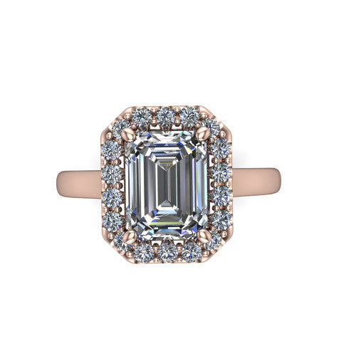 Reese emerald-cut halo engagement ring in 14K Rose Gold, top-down view showing the emerald-cut center diamond and pave halo from above