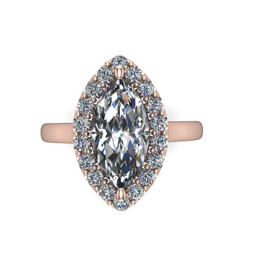 Reese marquise halo engagement ring in 14K Rose Gold, top-down view showing the marquise center diamond and pave halo from above