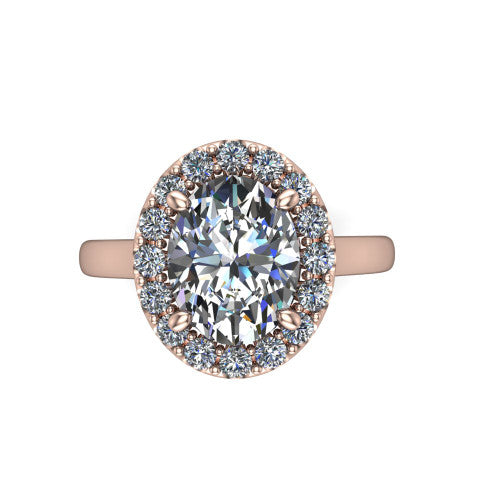 Reese oval halo engagement ring in 14K Rose Gold, top-down view showing the oval center diamond and pave halo from above