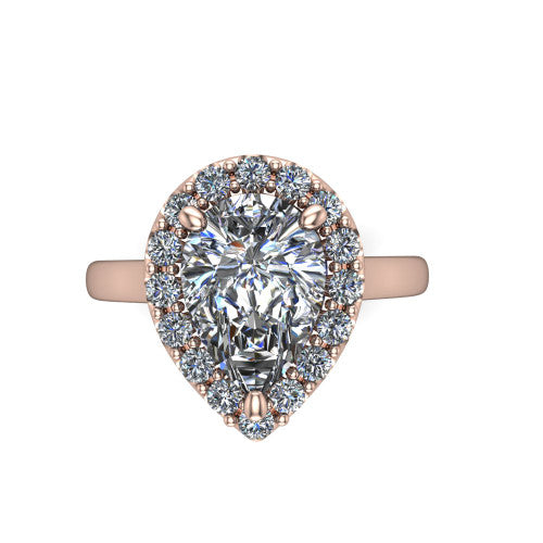Reese pear halo engagement ring in 14K Rose Gold, top-down view showing the pear center diamond and pave halo from above