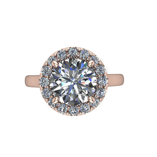 Reese round halo engagement ring in 18K Rose Gold, top-down view showing the round center diamond and pave halo from above