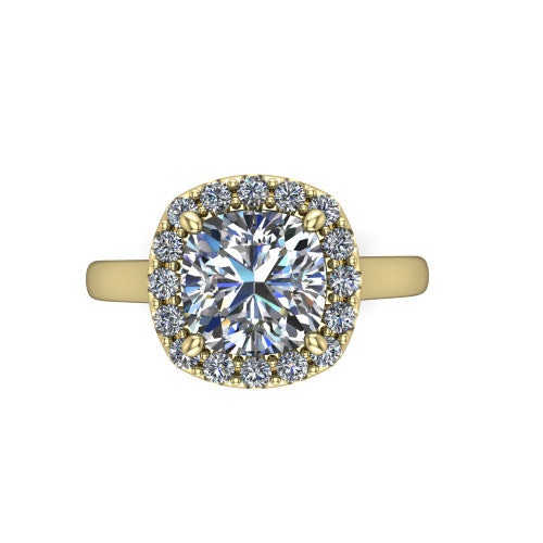 Reese cushion halo engagement ring in 14K Yellow Gold, top-down view showing the cushion center diamond and pave halo from above