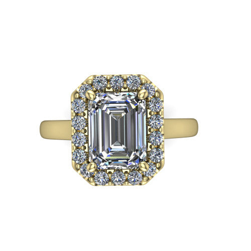 Reese emerald-cut halo engagement ring in 14K Yellow Gold, top-down view showing the emerald-cut center diamond and pave halo from above