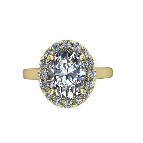 Reese oval halo engagement ring in 18K Yellow Gold, top-down view showing the oval center diamond and pave halo from above