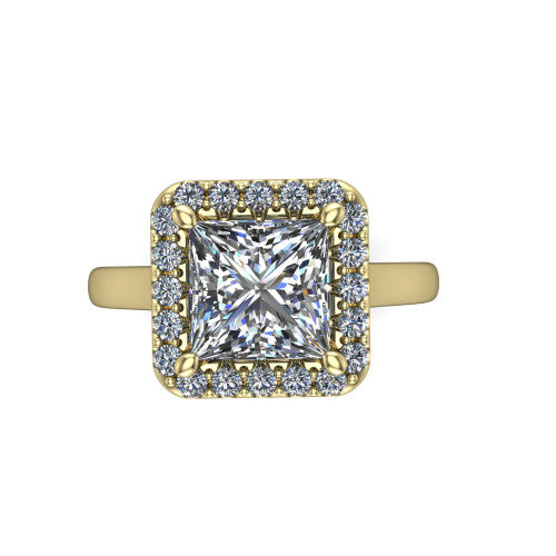 Reese princess-cut halo engagement ring in 14K Yellow Gold, top-down view showing the princess-cut center diamond and pave halo from above