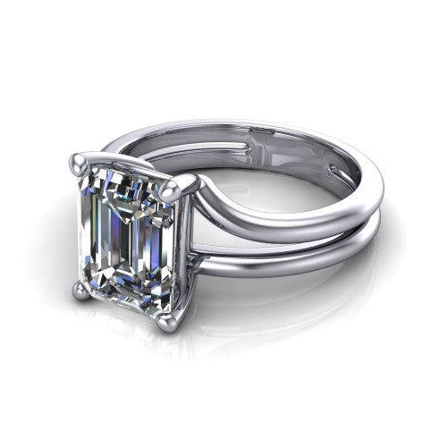 Khloe emerald-cut classic engagement ring in 14K White Gold, three-quarter perspective showing the emerald-cut center diamond above a split polished band