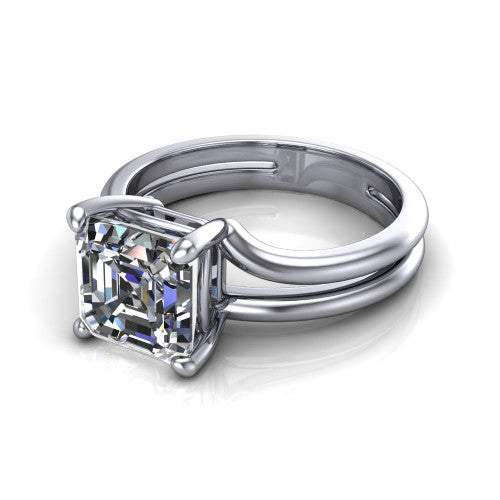 Khloe square emerald-cut classic engagement ring in 14K White Gold, three-quarter perspective showing the square emerald-cut center diamond above a split polished band
