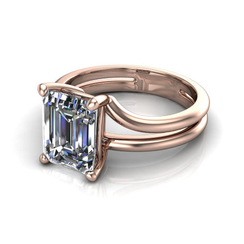 Khloe emerald-cut classic engagement ring in 14K Rose Gold, three-quarter perspective showing the emerald-cut center diamond above a split polished band