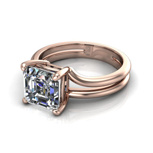 Khloe square emerald-cut classic engagement ring in 14K Rose Gold, three-quarter perspective showing the square emerald-cut center diamond above a split polished band