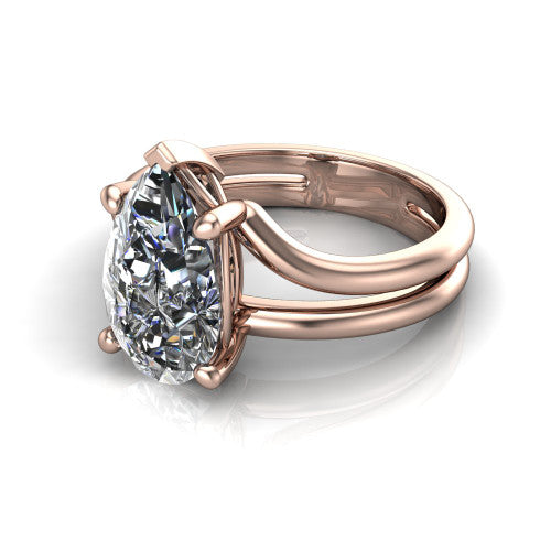 Khloe pear classic engagement ring in 14K Rose Gold, three-quarter perspective showing the pear center diamond above a split polished band