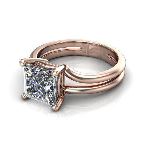 Khloe princess-cut classic engagement ring in 18K Rose Gold, three-quarter perspective showing the princess-cut center diamond above a split polished band