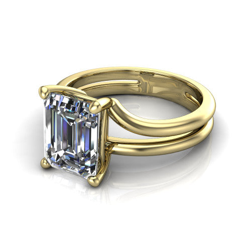 Khloe emerald-cut classic engagement ring in 14K Yellow Gold, three-quarter perspective showing the emerald-cut center diamond above a split polished band