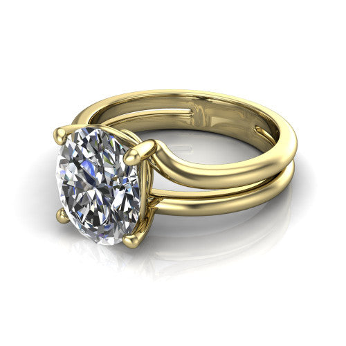 Khloe oval classic engagement ring in 18K Yellow Gold, three-quarter perspective showing the oval center diamond above a split polished band