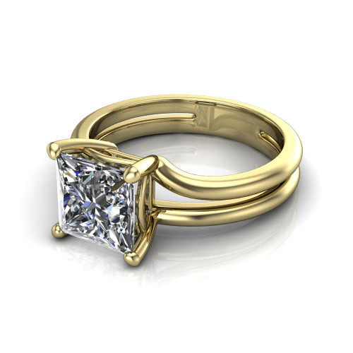 Khloe princess-cut classic engagement ring in 18K Yellow Gold, three-quarter perspective showing the princess-cut center diamond above a split polished band