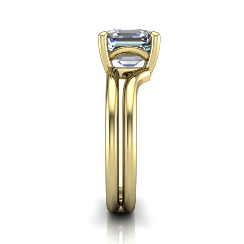 Khloe square emerald-cut classic engagement ring in 14K Yellow Gold, side profile showing the split polished band in side view