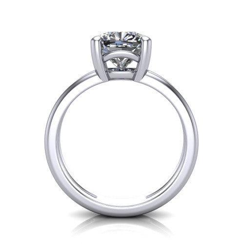 Khloe cushion classic engagement ring in Platinum, through-finger front profile showing the split twin-rail band and open gallery from the front