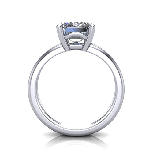 Khloe emerald-cut classic engagement ring in 18K White Gold, through-finger front profile showing the split twin-rail band and open gallery from the front
