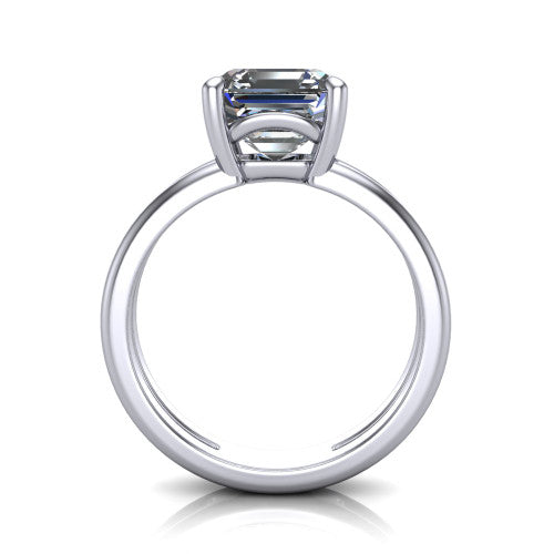 Khloe square emerald-cut classic engagement ring in Platinum, through-finger front profile showing the split twin-rail band and open gallery from the front