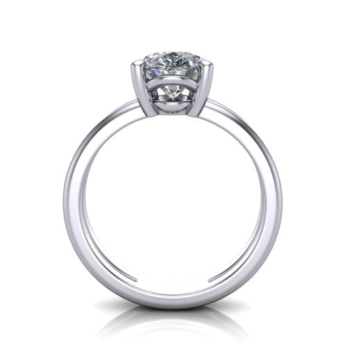 Khloe pear classic engagement ring in Platinum, through-finger front profile showing the split twin-rail band and open gallery from the front