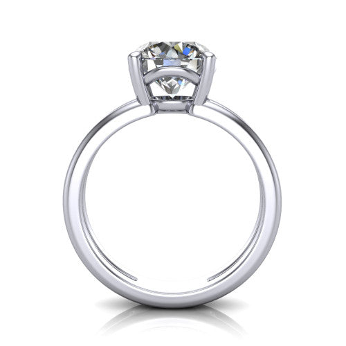 Khloe round classic engagement ring in Platinum, through-finger front profile showing the split twin-rail band and open gallery from the front