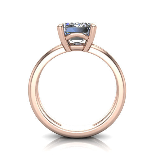 Khloe emerald-cut classic engagement ring in 18K Rose Gold, through-finger front profile showing the split twin-rail band and open gallery from the front