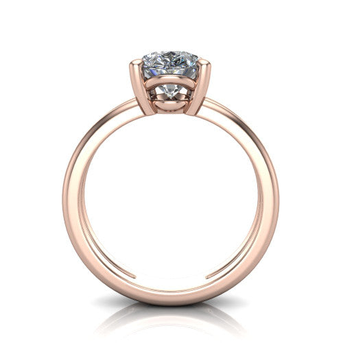 Khloe pear classic engagement ring in 18K Rose Gold, through-finger front profile showing the split twin-rail band and open gallery from the front