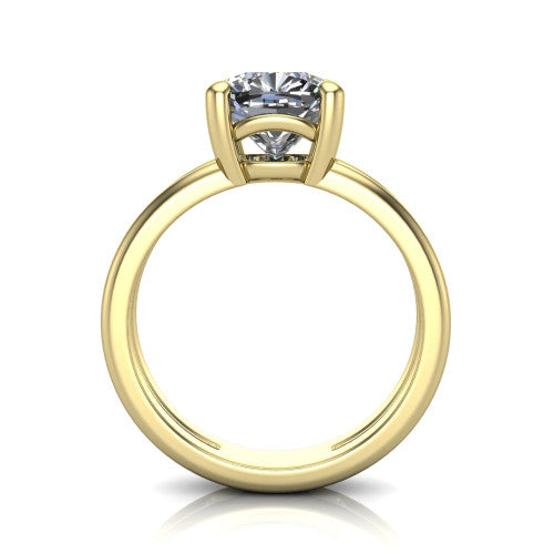 Khloe cushion classic engagement ring in 14K Yellow Gold, through-finger front profile showing the split twin-rail band and open gallery from the front