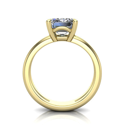 Khloe emerald-cut classic engagement ring in 18K Yellow Gold, through-finger front profile showing the split twin-rail band and open gallery from the front