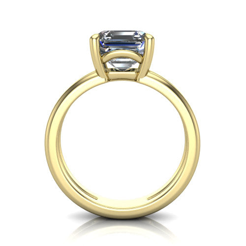 Khloe square emerald-cut classic engagement ring in 14K Yellow Gold, through-finger front profile showing the split twin-rail band and open gallery from the front