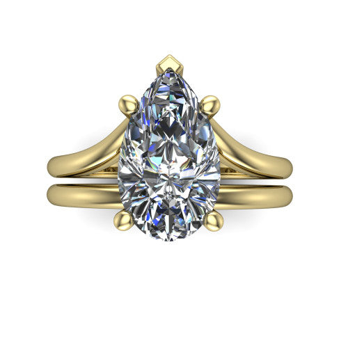 Khloe pear classic engagement ring in 14K Yellow Gold, top-down view showing the pear center diamond in its four-prong head from above