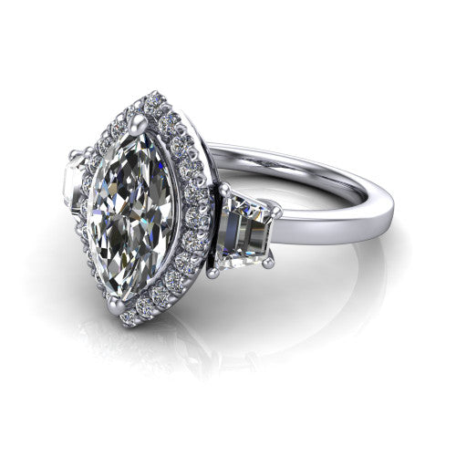 Anabella marquise halo engagement ring in 18K White Gold, three-quarter perspective showing the marquise center diamond, pave halo, and two trapezoid side stones