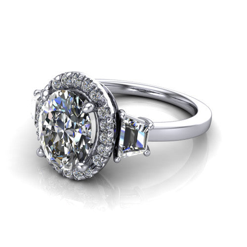 Anabella oval halo engagement ring in 14K White Gold, three-quarter perspective showing the oval center diamond, pave halo, and two trapezoid side stones