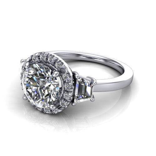 Anabella round halo engagement ring in 14K White Gold, three-quarter perspective showing the round center diamond, pave halo, and two trapezoid side stones