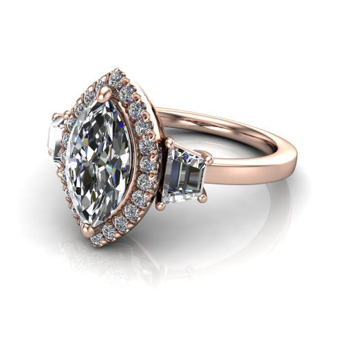 Anabella marquise halo engagement ring in 18K Rose Gold, three-quarter perspective showing the marquise center diamond, pave halo, and two trapezoid side stones