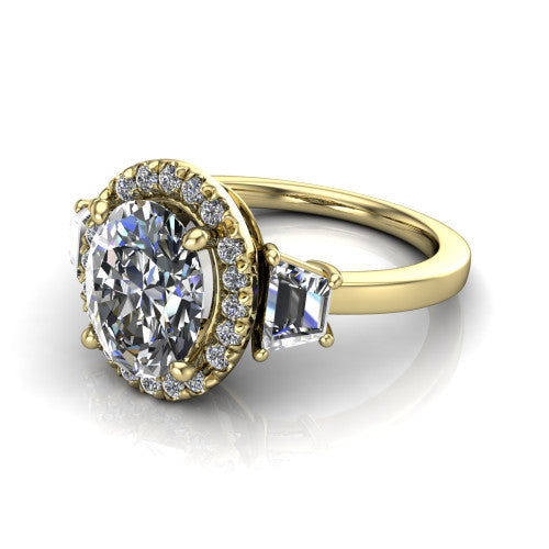 Anabella oval halo engagement ring in 14K Yellow Gold, three-quarter perspective showing the oval center diamond, pave halo, and two trapezoid side stones