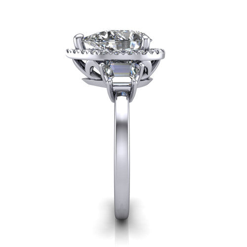 Anabella pear halo engagement ring in Platinum, side profile showing the halo, side stones, and polished band in profile
