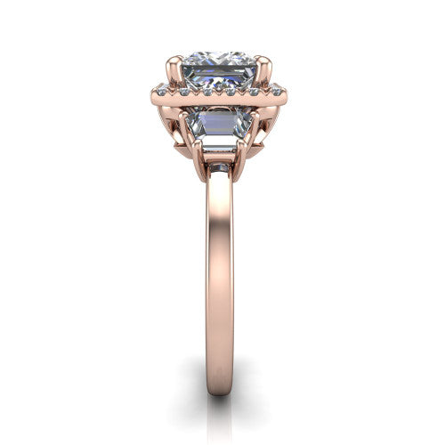 Anabella princess-cut halo engagement ring in 18K Rose Gold, side profile showing the halo, side stones, and polished band in profile