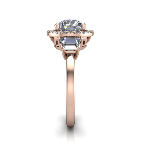 Anabella round halo engagement ring in 18K Rose Gold, side profile showing the halo, side stones, and polished band in profile