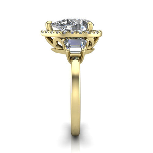 Anabella pear halo engagement ring in 18K Yellow Gold, side profile showing the halo, side stones, and polished band in profile