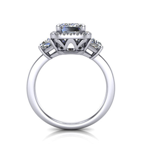 Anabella emerald-cut halo engagement ring in Platinum, through-finger front profile showing the halo and side stones from the front