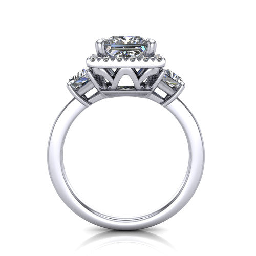 Anabella princess-cut halo engagement ring in Platinum, through-finger front profile showing the halo and side stones from the front