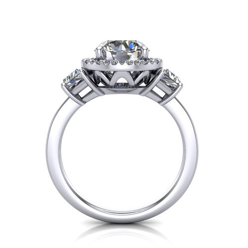 Anabella round halo engagement ring in 14K White Gold, through-finger front profile showing the halo and side stones from the front