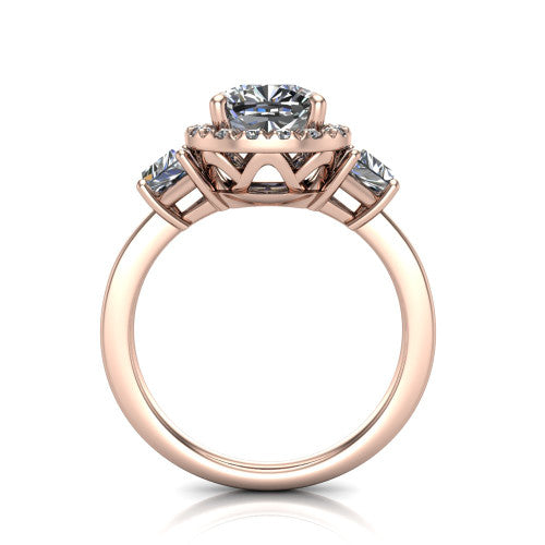Anabella cushion halo engagement ring in 14K Rose Gold, through-finger front profile showing the halo and side stones from the front