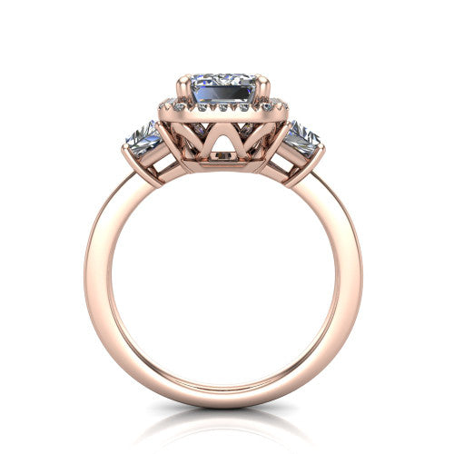 Anabella emerald-cut halo engagement ring in 14K Rose Gold, through-finger front profile showing the halo and side stones from the front