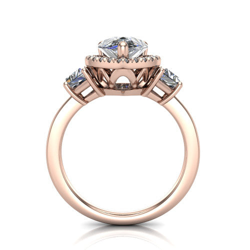 Anabella pear halo engagement ring in 14K Rose Gold, through-finger front profile showing the halo and side stones from the front