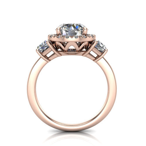Anabella round halo engagement ring in 18K Rose Gold, through-finger front profile showing the halo and side stones from the front