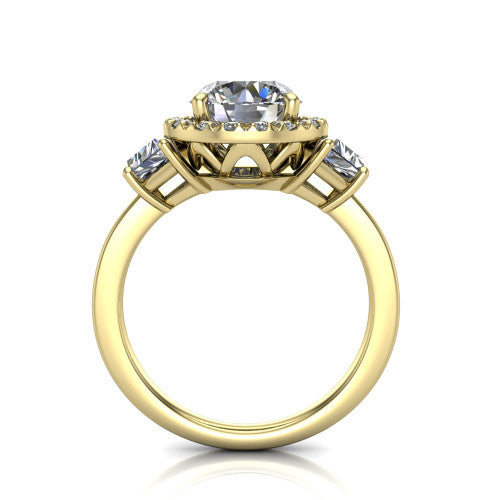Anabella round halo engagement ring in 18K Yellow Gold, through-finger front profile showing the halo and side stones from the front