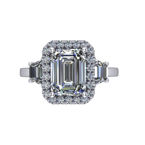 Anabella emerald-cut halo engagement ring in 14K White Gold, top-down view showing the emerald-cut center halo and trapezoid side stones from above